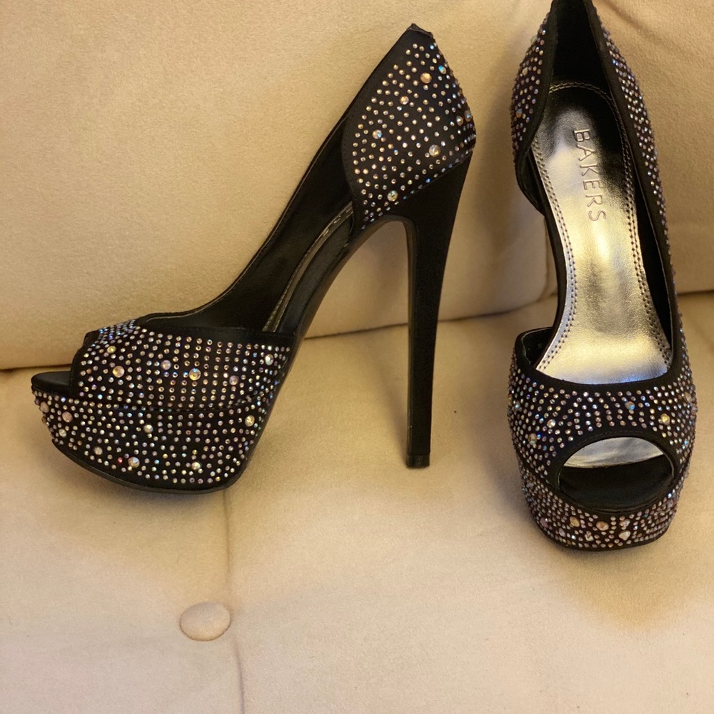 Black satin and rhinestone heels